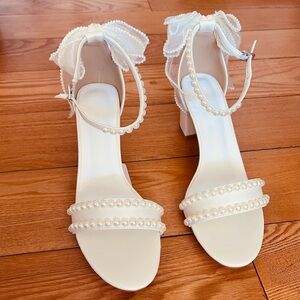 Azazie White Pearl Strap Block Heel Sandals NWT